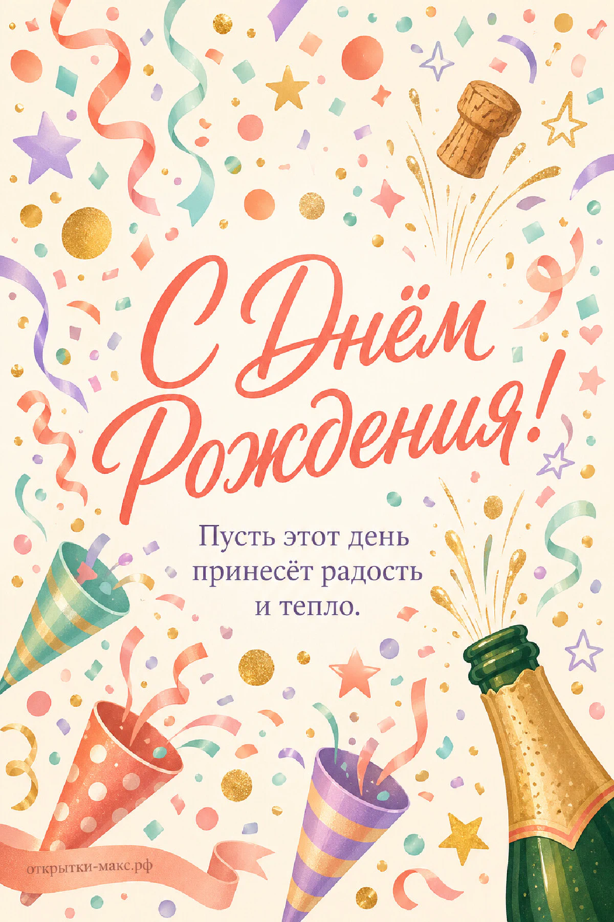 Бутылка шампанского с пробкой и разноцветные хлопушки с конфетти на светлом фоне