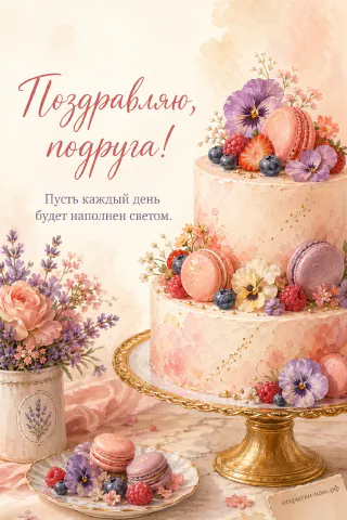 Двухъярусный розовый торт с макарунами, ягодами и фиолетовыми цветами на золотой подставке