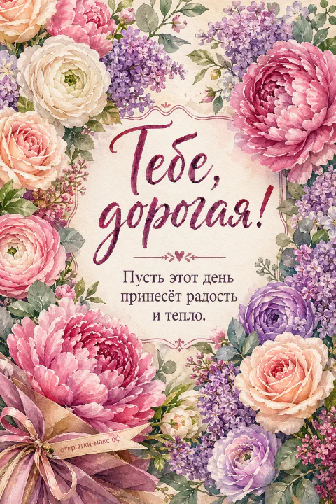 Акварельные розовые пионы, кремовые розы и лиловые хризантемы, заполняющие всё пространство