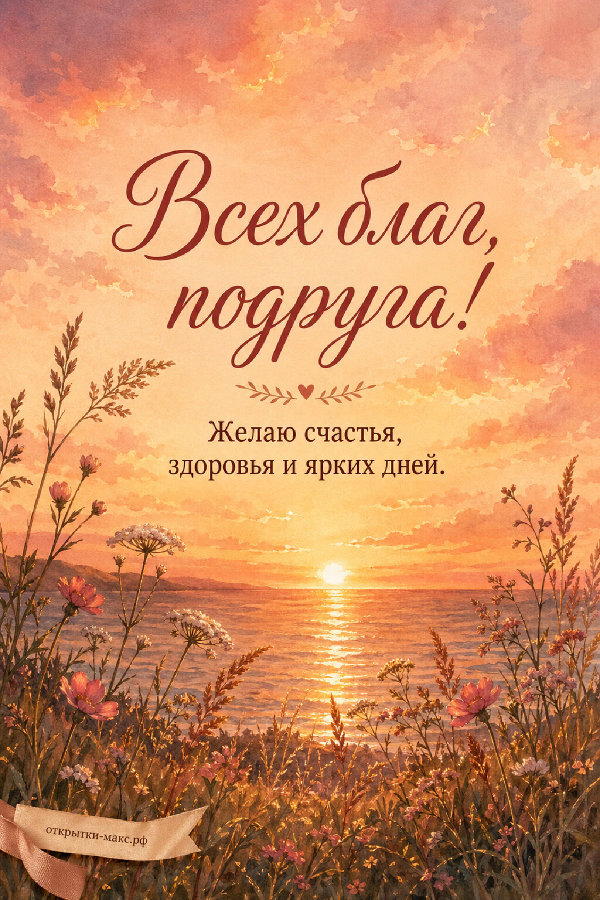 Золотой закат над спокойным морем через луговые цветы и высокие травы на переднем плане