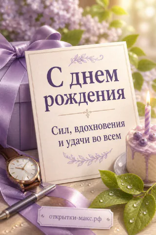 Открытка с сиренью, лиловая подарочная коробка, наручные часы и торт
