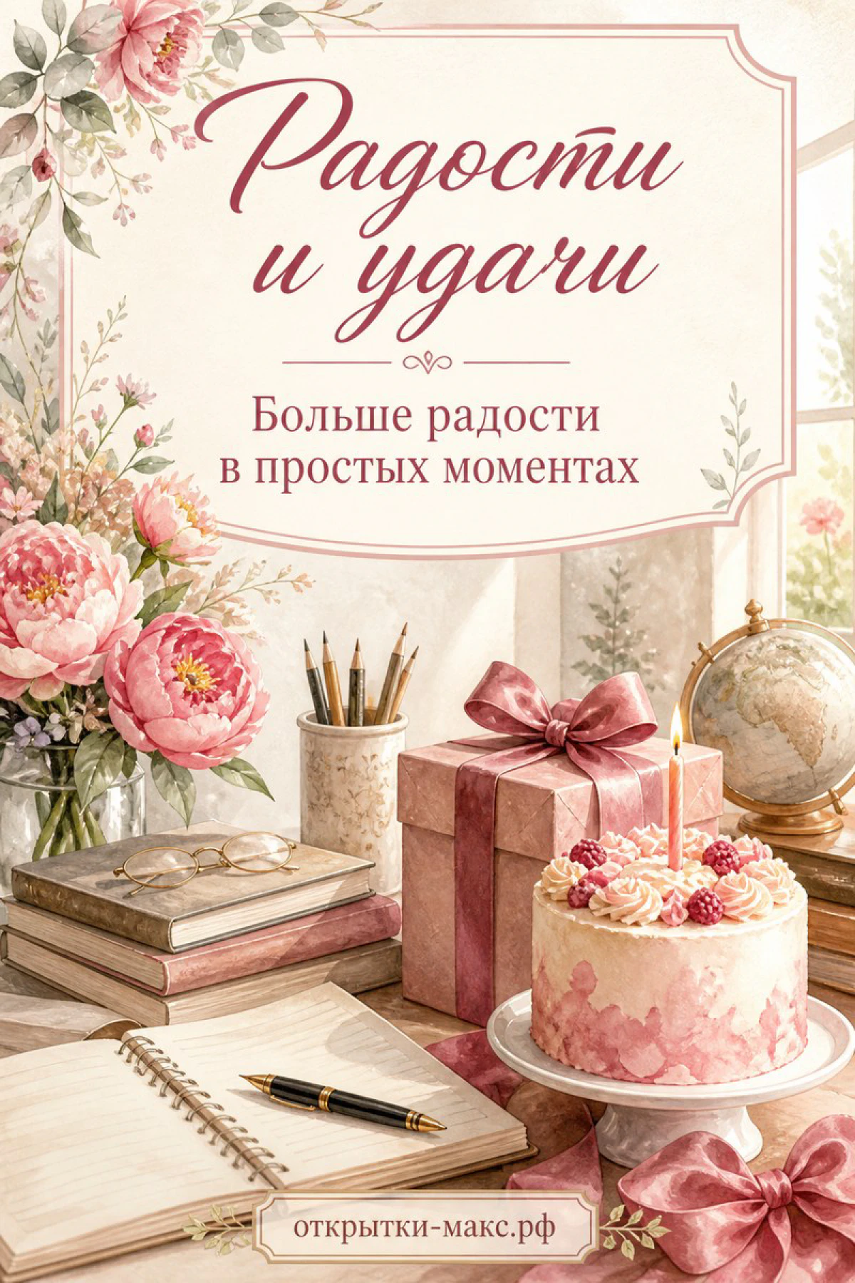 Акварельные розовые пионы в вазе, подарок с розовым бантом, торт с малиной, книги и глобус