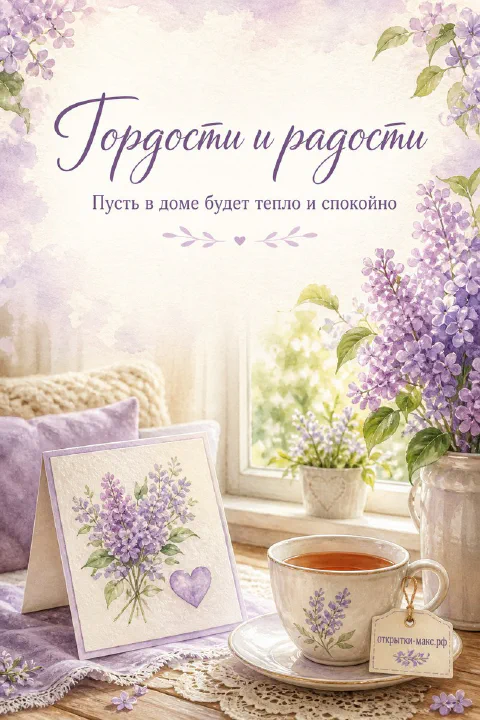 Цветущая сирень у солнечного окна, открытка с букетиком сирени и фарфоровая чашка чая с лавандовым орнаментом