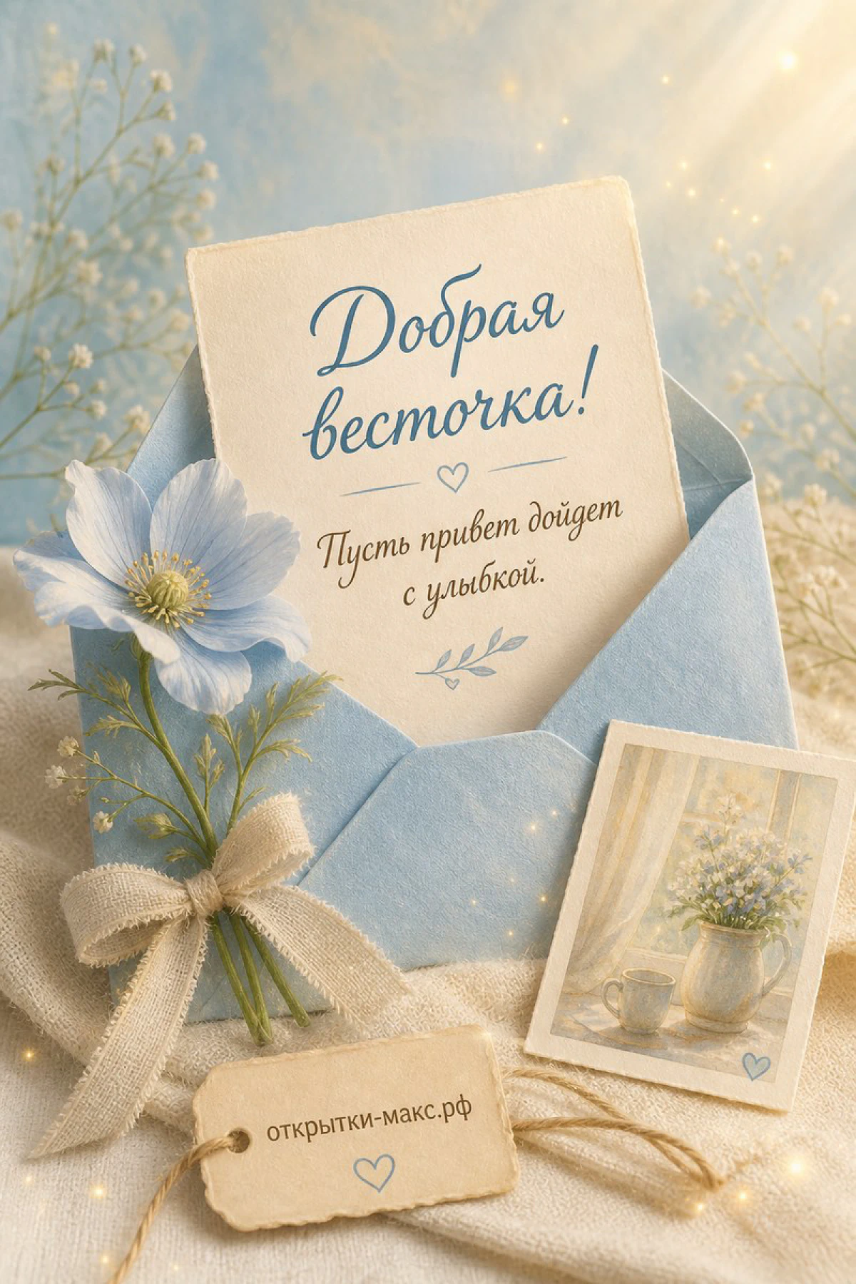 Голубой конверт с голубой космеей и карточка с пожеланием на светлом фоне