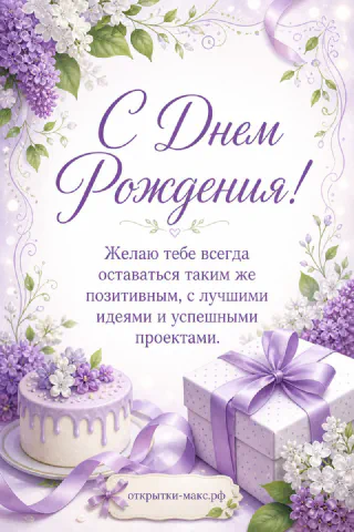 Торт с кремовыми цветами, подарок с фиолетовой лентой и ветви сирени
