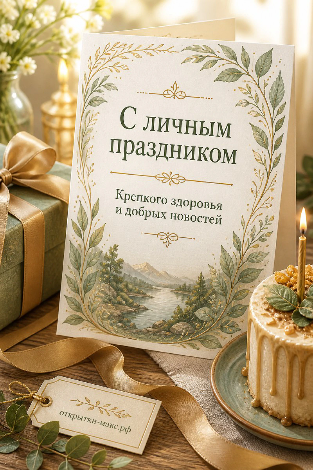 Открытка с акварельным пейзажем в золотом венке, подарок с золотой лентой и торт