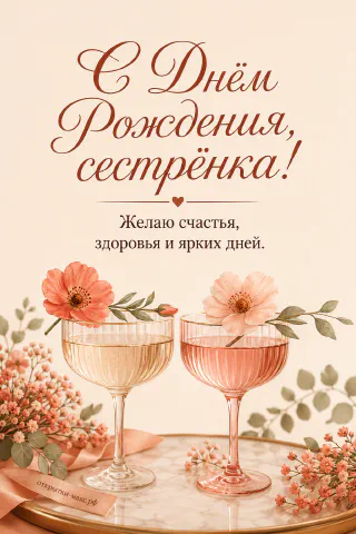 Два хрустальных бокала с напитком и персиковыми цветами на золотом подносе среди мелких цветов