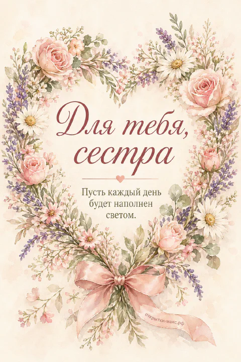 Акварельный венок в форме сердца из розовых роз, ромашек и лаванды с розовым атласным бантом