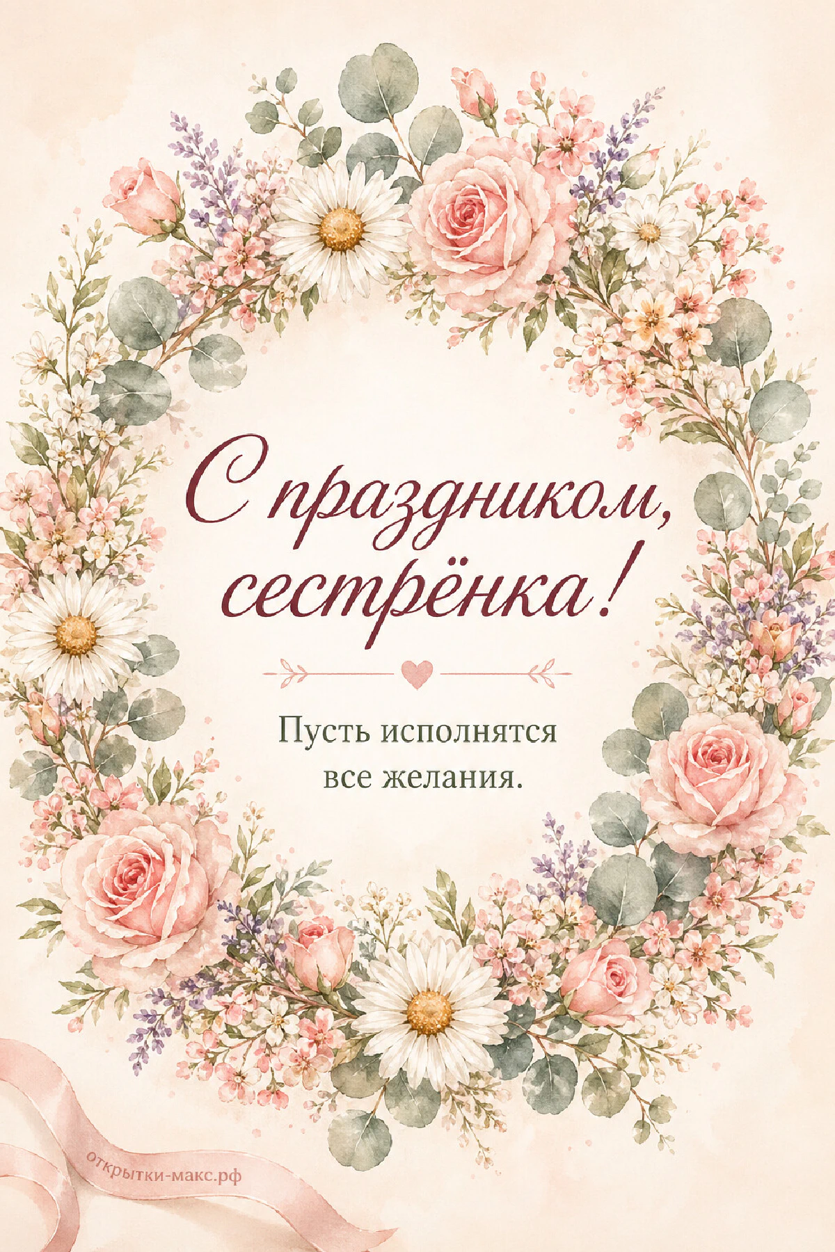 Акварельный круглый венок из розовых роз, ромашек, лаванды и веточек эвкалипта на кремовом фоне