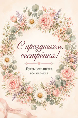 Акварельный круглый венок из розовых роз, ромашек, лаванды и веточек эвкалипта на кремовом фоне