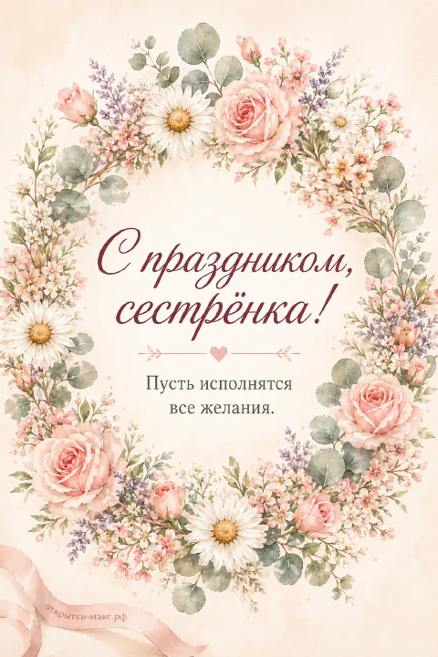 Акварельный круглый венок из розовых роз, ромашек, лаванды и веточек эвкалипта на кремовом фоне