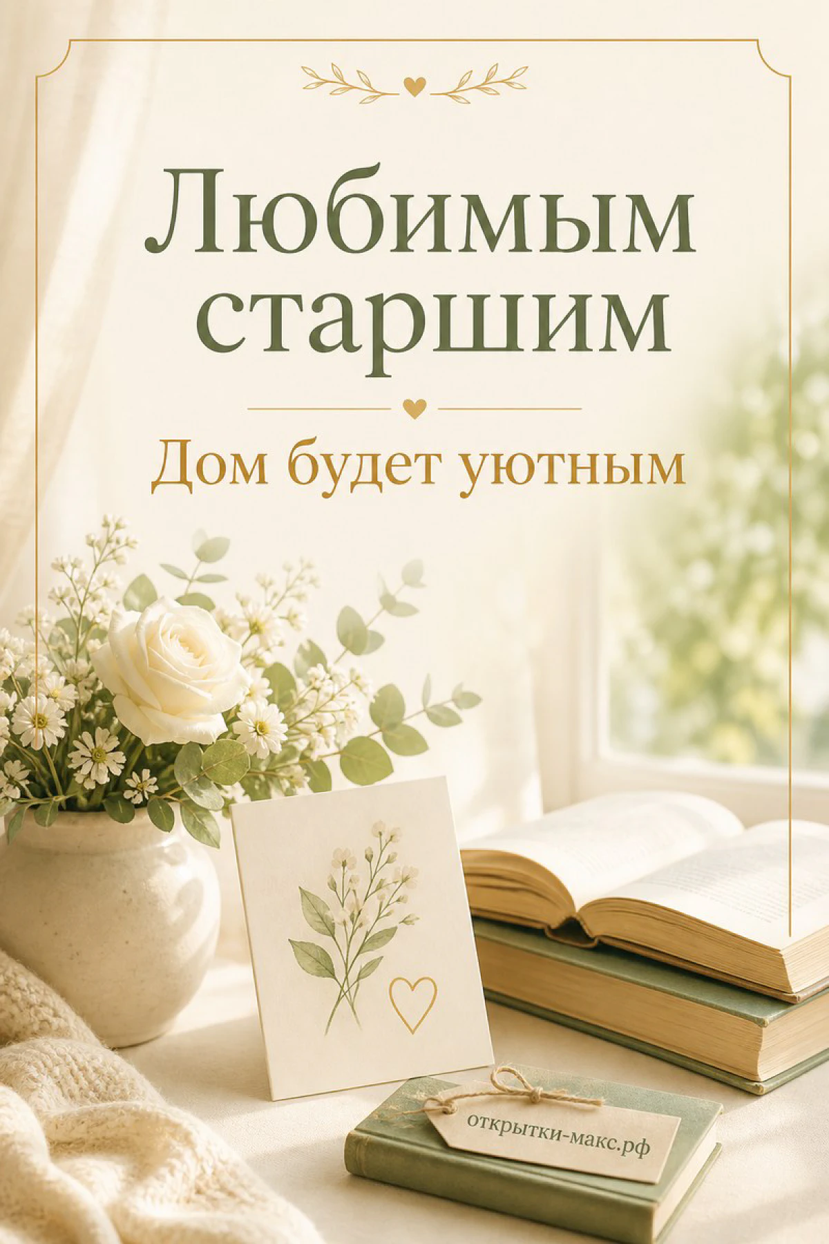 Белые розы в вазе и книги рядом с маленькой открыткой на светлом столе у окна