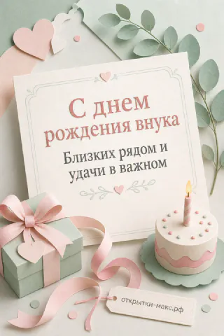 Открытка «С днём рождения внука» с маленьким тортиком со свечой, подарком с лентой и эвкалиптовыми веточками