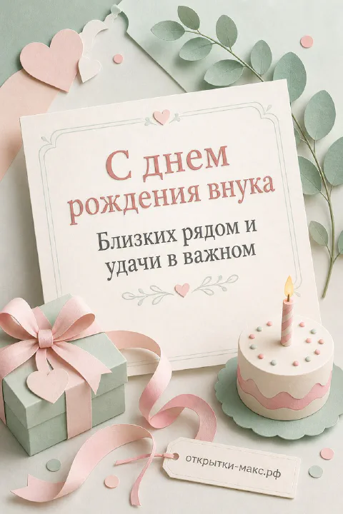 Открытка «С днём рождения внука» с маленьким тортиком со свечой, подарком с лентой и эвкалиптовыми веточками