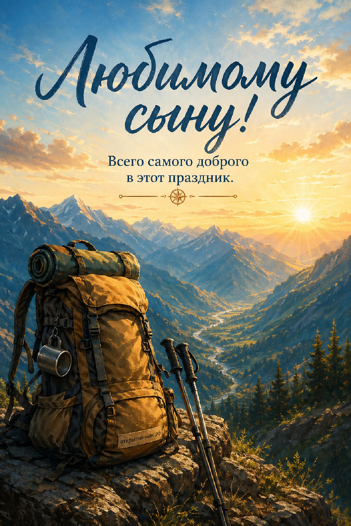 Жёлтый туристический рюкзак с трекинговыми палками на скале на фоне горной долины на золотом рассвете