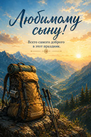 Жёлтый туристический рюкзак с трекинговыми палками на скале на фоне горной долины на золотом рассвете