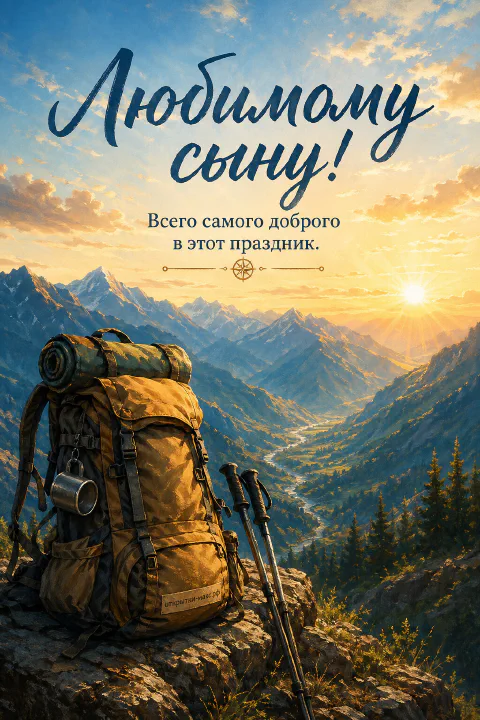 Жёлтый туристический рюкзак с трекинговыми палками на скале на фоне горной долины на золотом рассвете