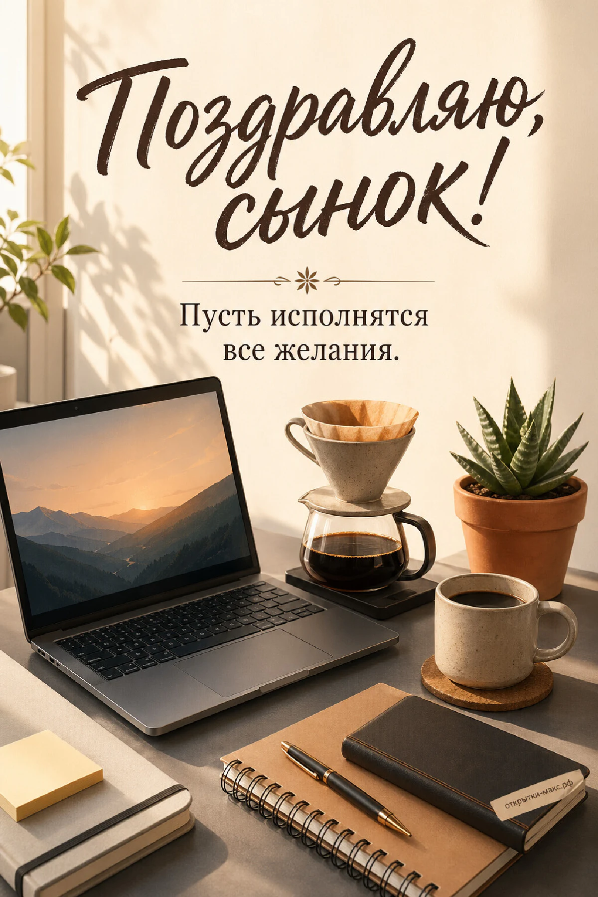 Ноутбук с горным пейзажем на экране, пуровер с кофейником, кружка и блокнот с ручкой на сером столе у окна