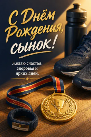 Золотая медаль первого места с лентой, синие беговые кроссовки и чёрная спортивная бутылка на деревянной поверхности