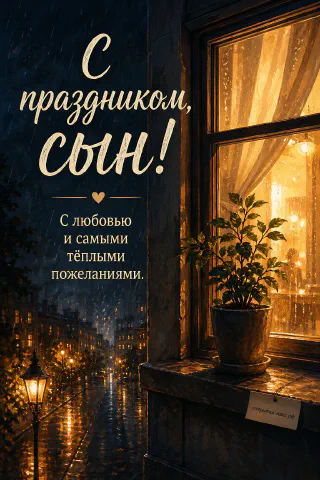 Тёплое освещённое окно с горшком с зелёным растением, за окном — ночная улица с фонарями под дождём