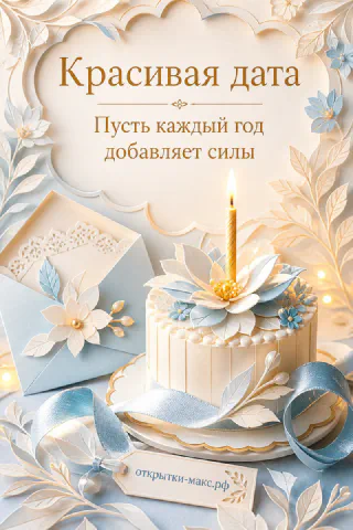Белый торт с голубыми цветами и свечой, конверт в ботаническом обрамлении