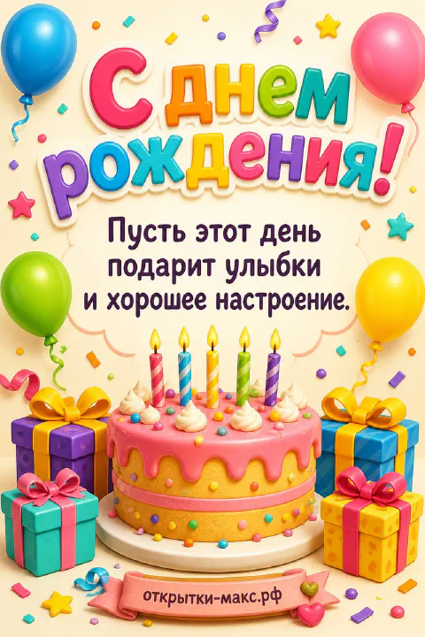 Яркий мультяшный торт со свечами, разноцветные воздушные шары и подарки