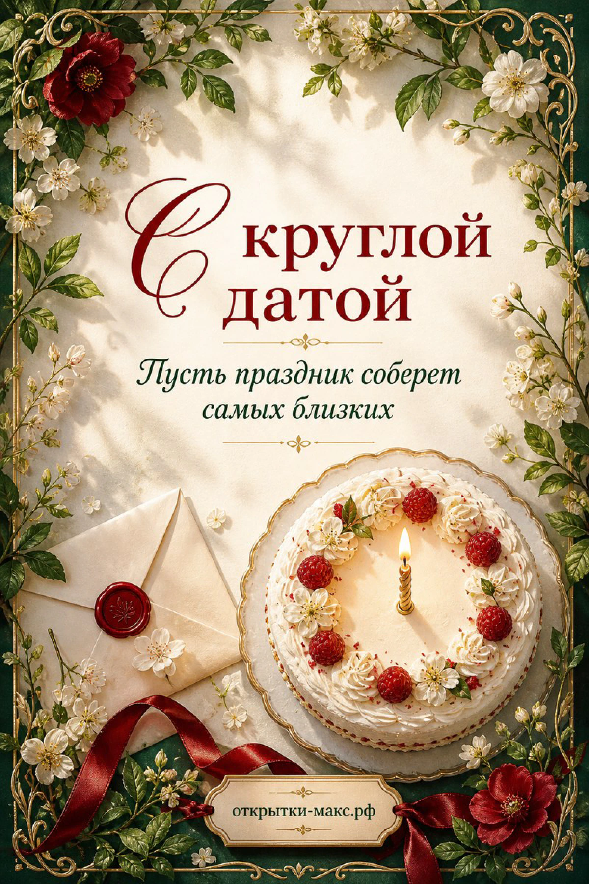 Белый торт с малиной и свечой, конверт с красным сургучом и красные цветы в ботанической рамке