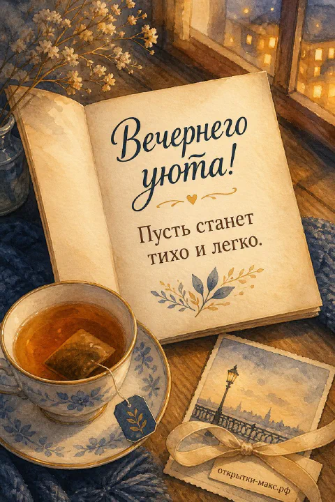 Открытая старинная книга с пожеланием, фарфоровая чашка чая с блюдцем и маленькая открытка с фонарём у окна