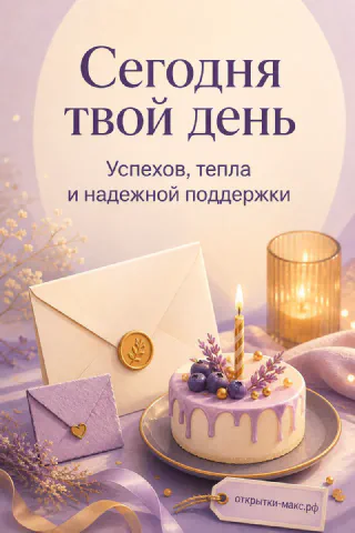 Лавандовый торт с черникой и свечой, два конверта и свеча в стакане