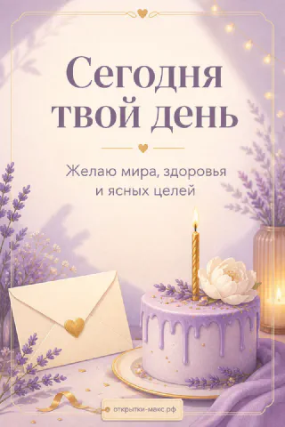 Лавандовый торт с белым пионом и свечой, конверт с золотым сургучом и ветви лаванды на нежно-лиловом фоне