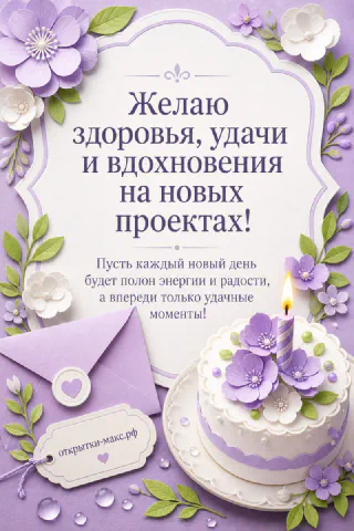 Лиловый торт с цветами и свечой, лиловый конверт с сердечком и бумажные цветы на лиловом фоне