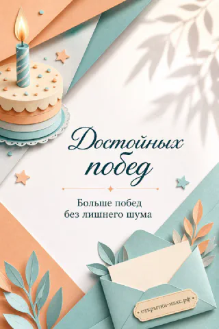 Маленький торт со свечой и конверт в стиле бумажного арта на мятно-персиковом фоне