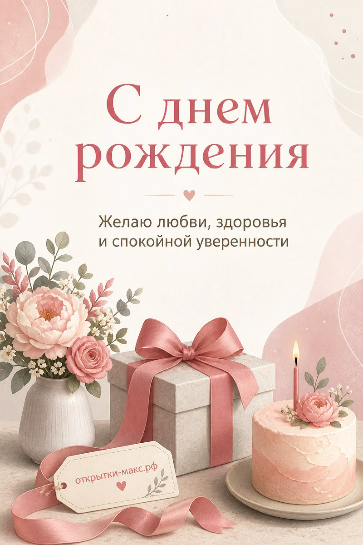 Пионы в белой вазе, подарочная коробка с розовой лентой и маленький торт