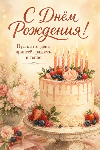 Акварельный торт с горящими полосатыми свечами, ягодами клубники и розой на подставке