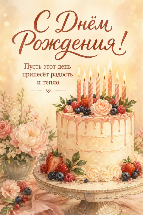 Акварельный торт с горящими полосатыми свечами, ягодами клубники и розой на подставке
