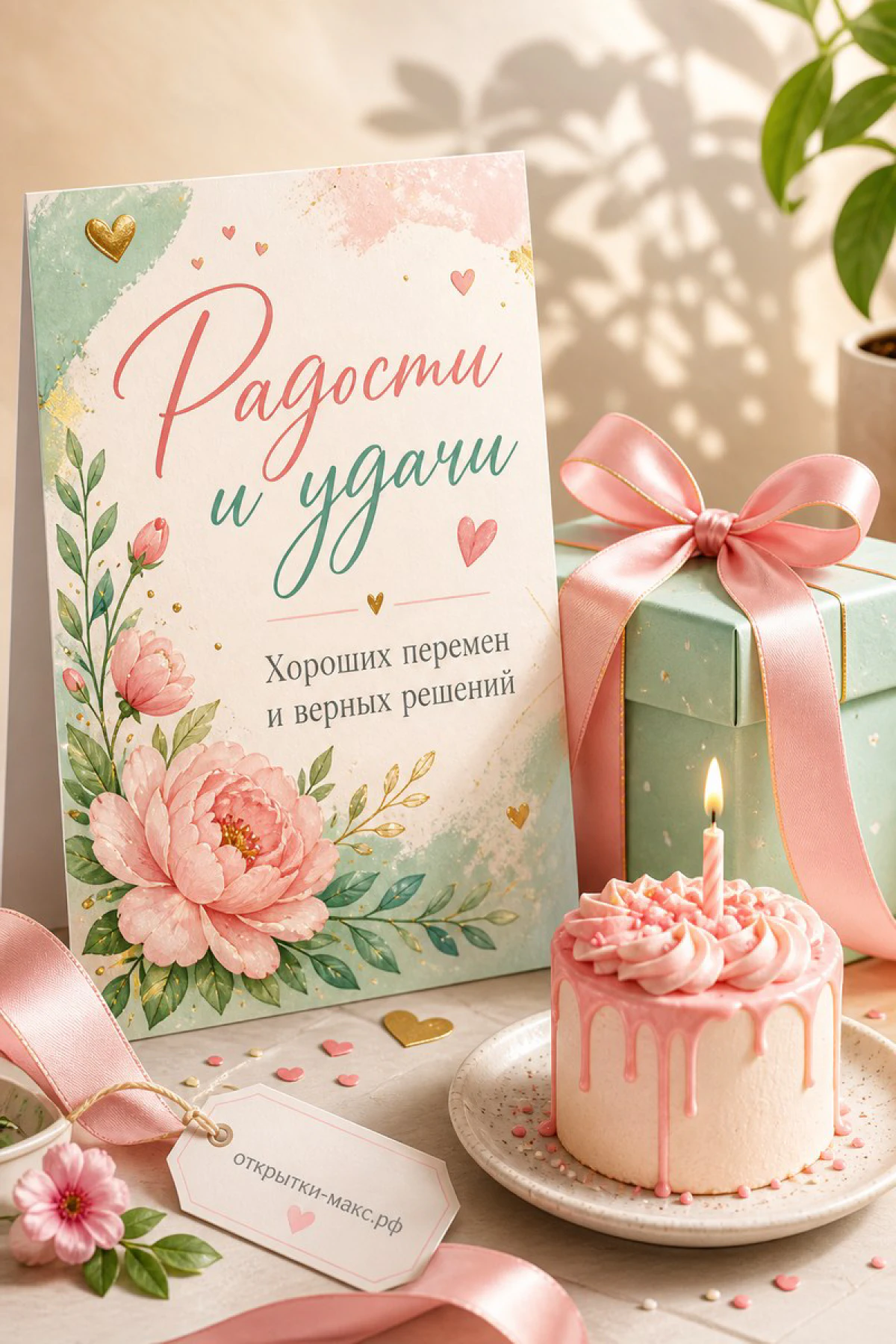 Акварельная открытка с розовым пионом, мятный подарок и розовый торт со свечой