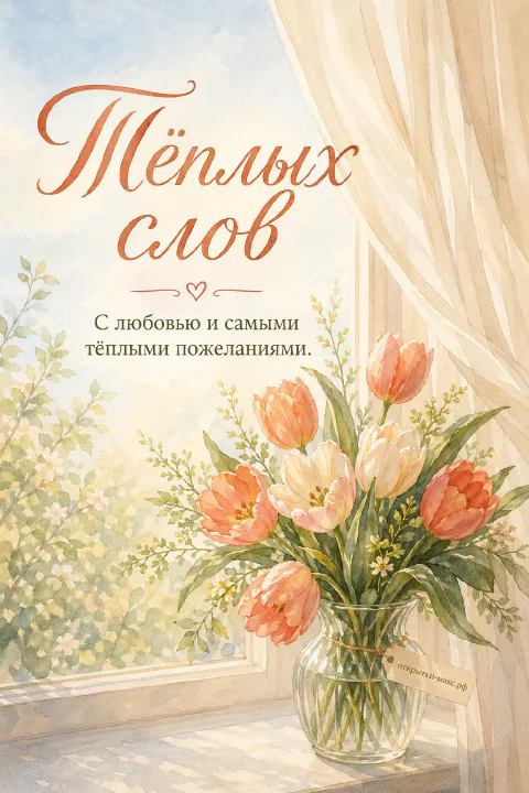 Акварельные персиковые тюльпаны в стеклянной вазе на подоконнике у окна с весенним садом
