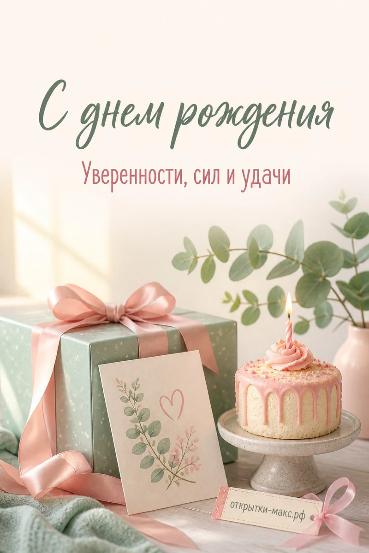 Мятная подарочная коробка с розовой лентой, открытка с эвкалиптом и нежный торт