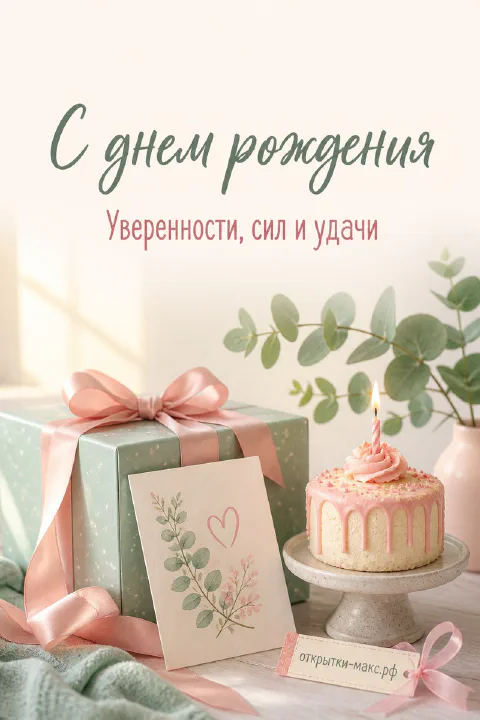 Мятная подарочная коробка с розовой лентой, открытка с эвкалиптом и нежный торт