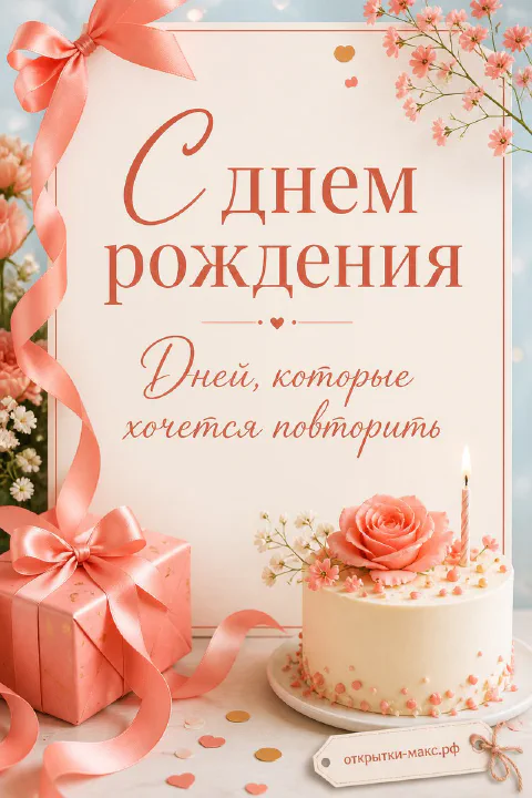 Поздравительная карточка с цветком, коралловая подарочная коробка с бантом и торт с розой и свечой