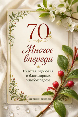 Юбилейная открытка 70 лет с цветущей ветвью черёмухи, красными ягодами и золотым орнаментом