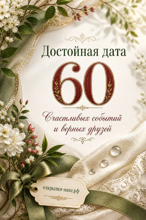 Юбилейная открытка 60 лет с белыми цветами, золотой лентой и крупной цифрой 60 на кремовом фоне