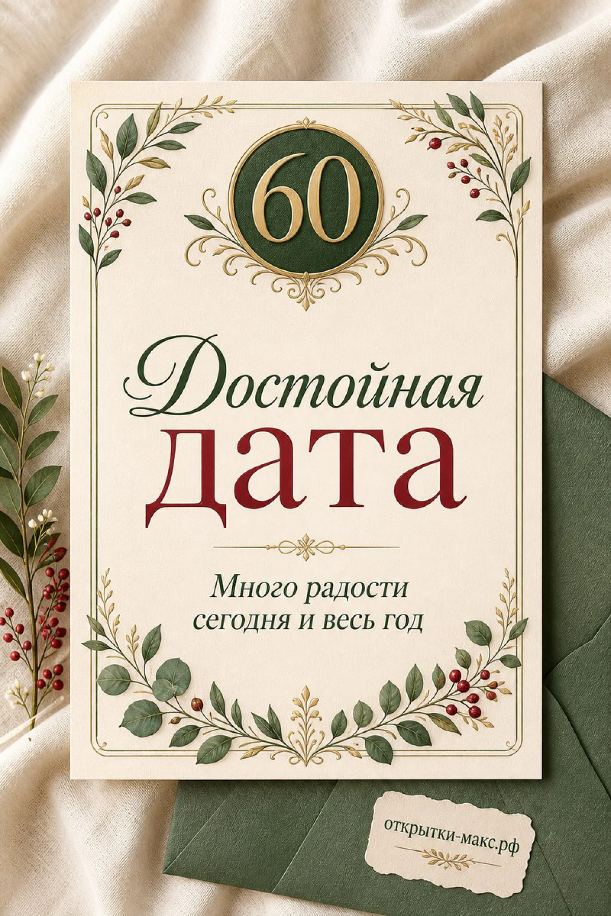 Юбилейная открытка с цифрой 60, растительным орнаментом и надписью «Достойная дата» на бежевом фоне