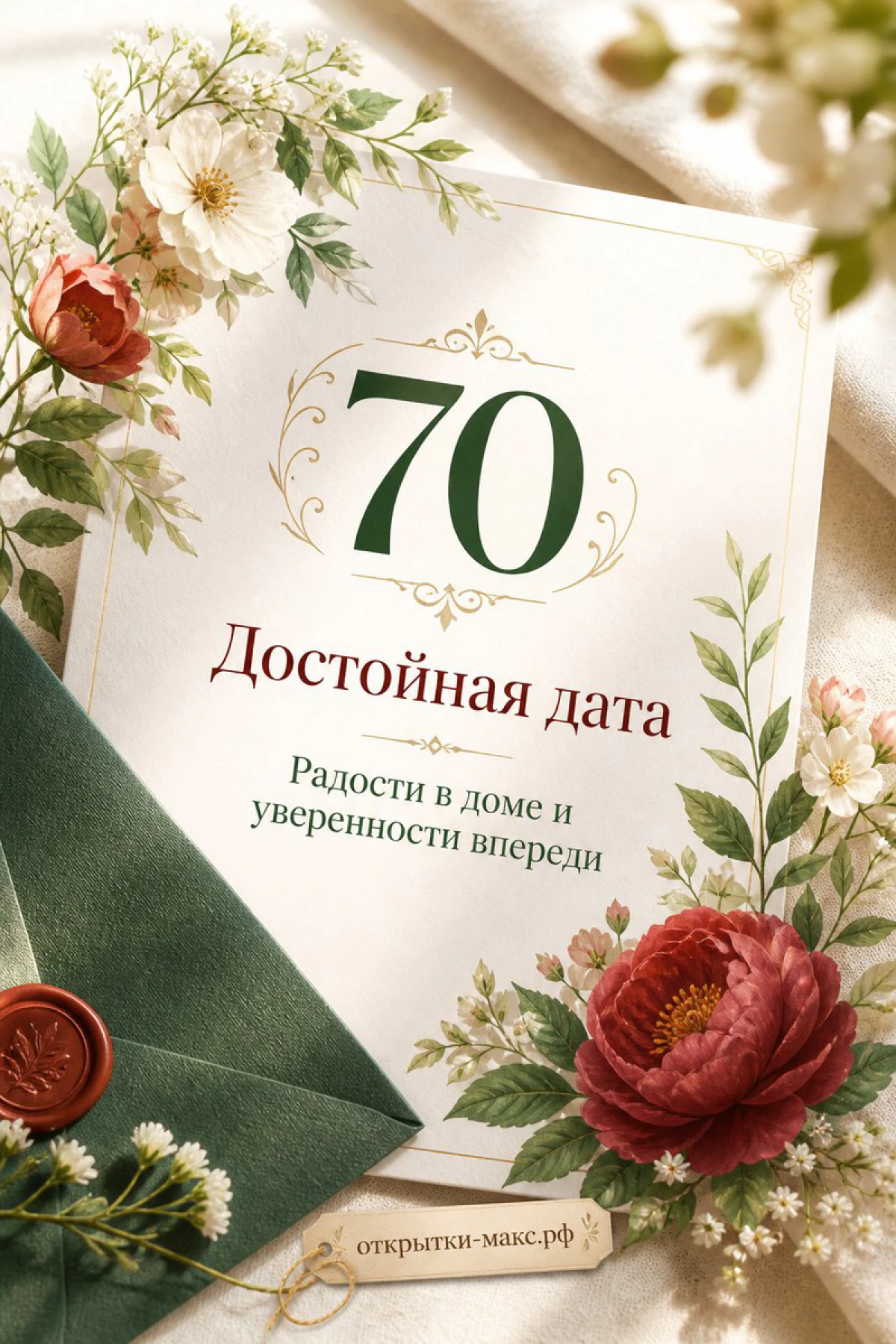 Юбилейная открытка 70 лет с бордовым пионом, белыми цветами и зелёным конвертом с сургучной печатью