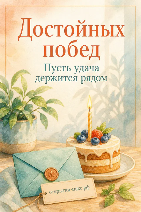 Акварельная юбилейная открытка с тортом со свечой и ягодами, бирюзовым конвертом и растением на тёплом фоне