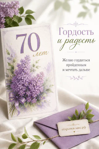 Юбилейная открытка 70 лет с букетом сирени, сиреневым конвертом и надписью «Гордость и радость»