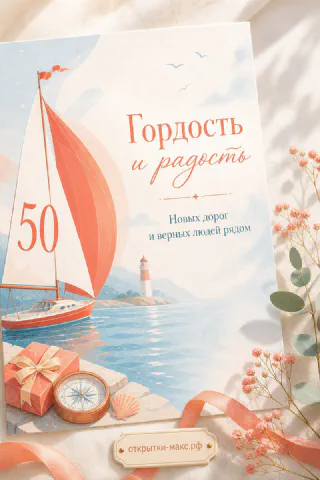 Юбилейная открытка 50 лет в морском стиле с парусником, маяком, компасом и подарком в персиковых тонах
