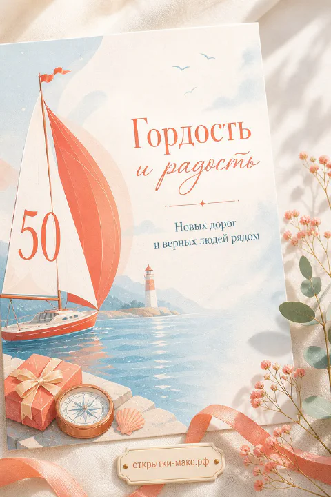 Юбилейная открытка 50 лет в морском стиле с парусником, маяком, компасом и подарком в персиковых тонах
