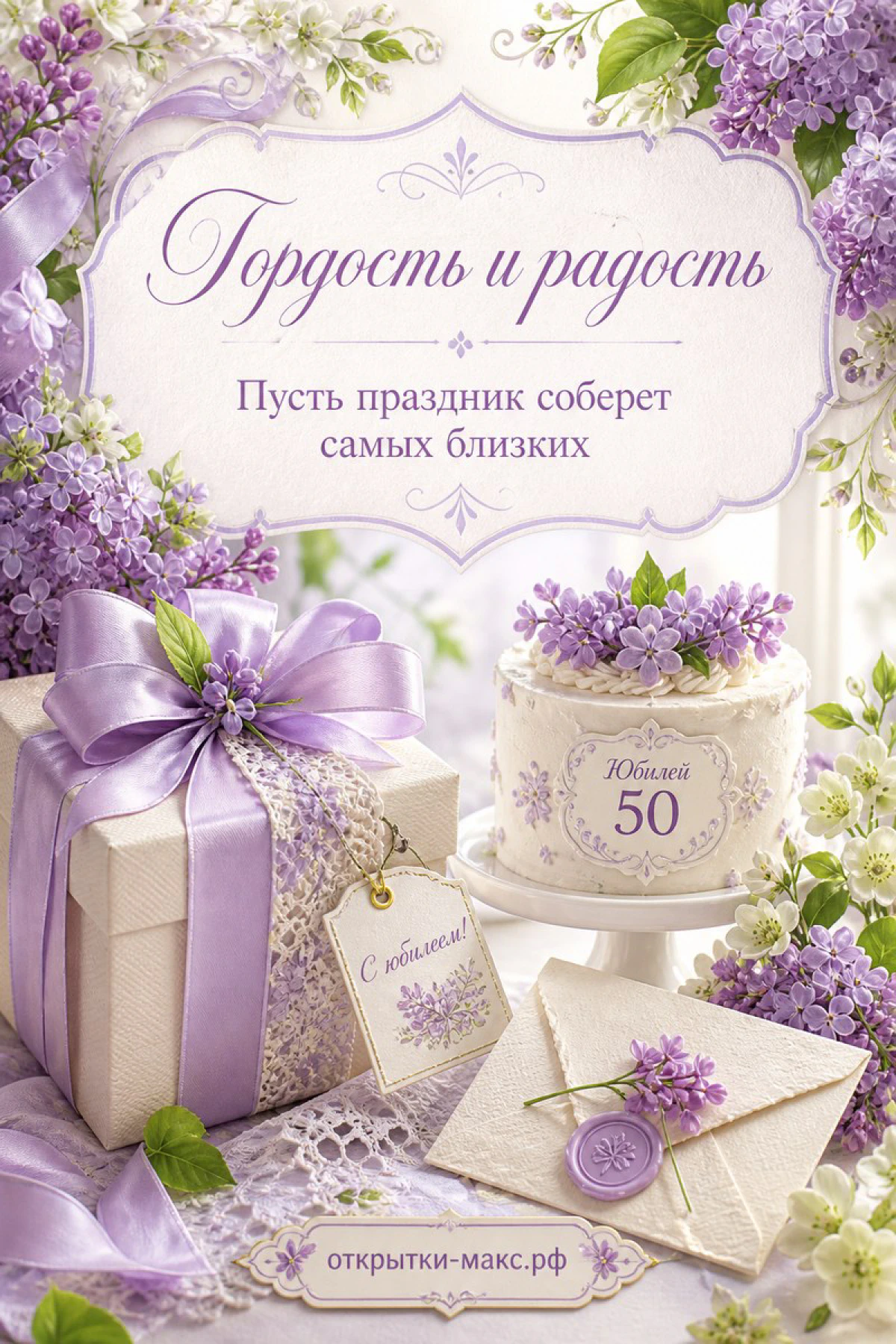Юбилейная открытка 50 лет с тортом, украшенным сиренью, подарком с фиолетовым бантом и конвертом