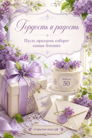 Юбилейная открытка 50 лет с тортом, украшенным сиренью, подарком с фиолетовым бантом и конвертом